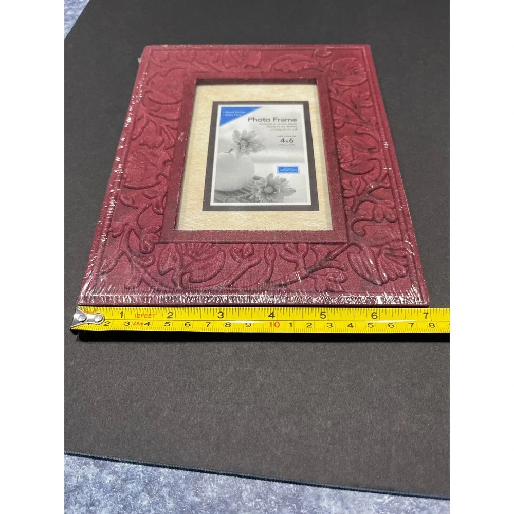 Moments 4x6 Photo Frame Burgundy Red Embossed Floral Wood Design Glass Pane NEW